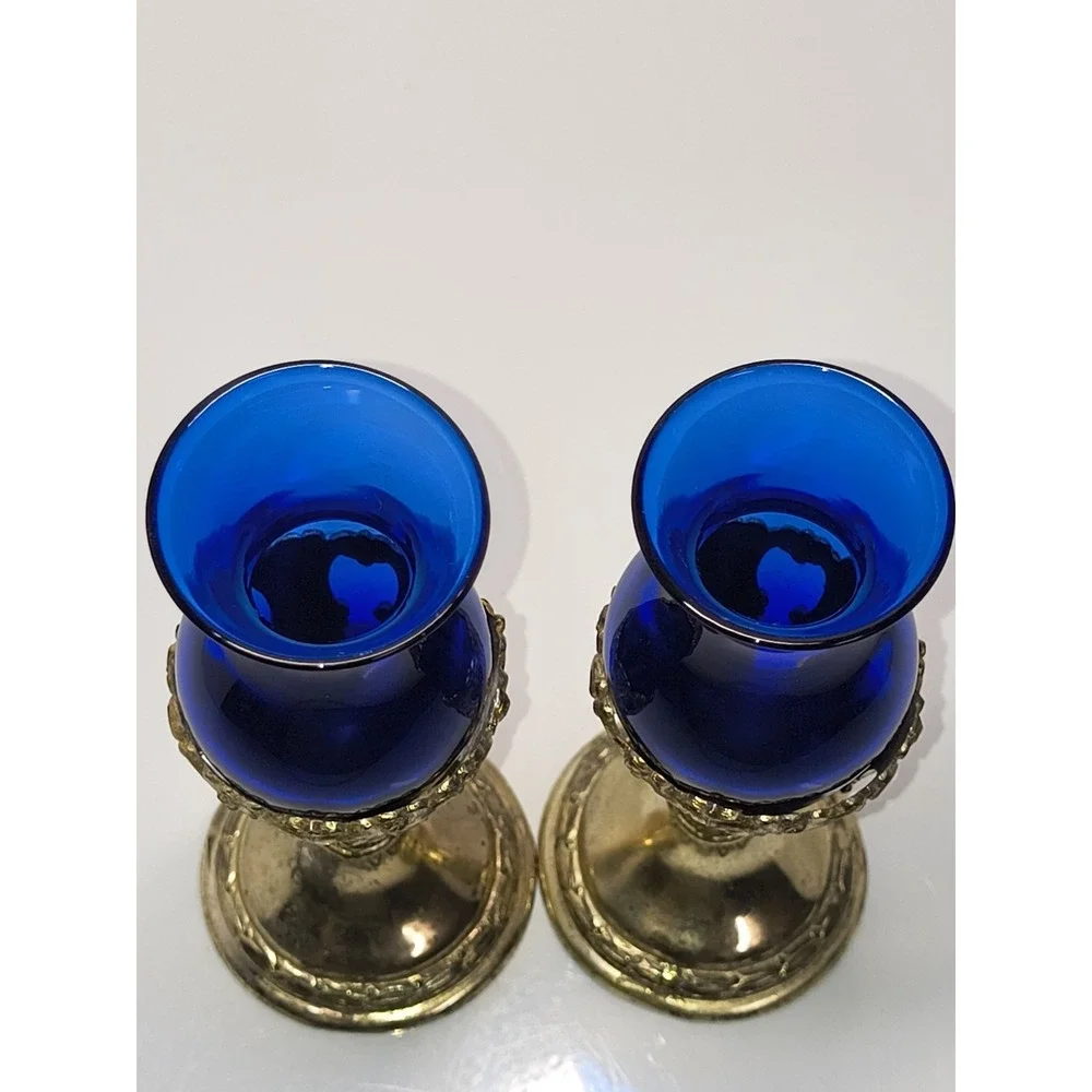 Vintage Cobalt Blue Mini Glass Bud Vase Ornate Metal Stand Set Victorian Style‎